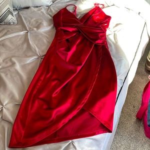 Red satin asymmetrical ruched front dress v neck very flattering Sz S